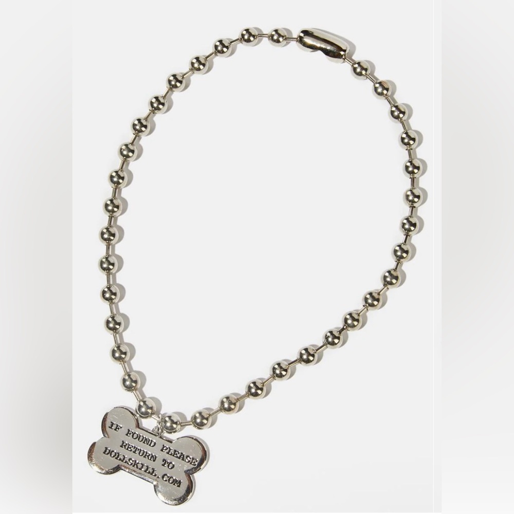 NWT Dolls Kill Silver Ball Chain Dog Bone Tag Choker Necklace ⛓️ Brand New OS